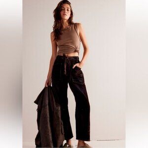 NWT  Free People We The Free Moxie Flocked Pull-On Barrel Jeans Dark Brown